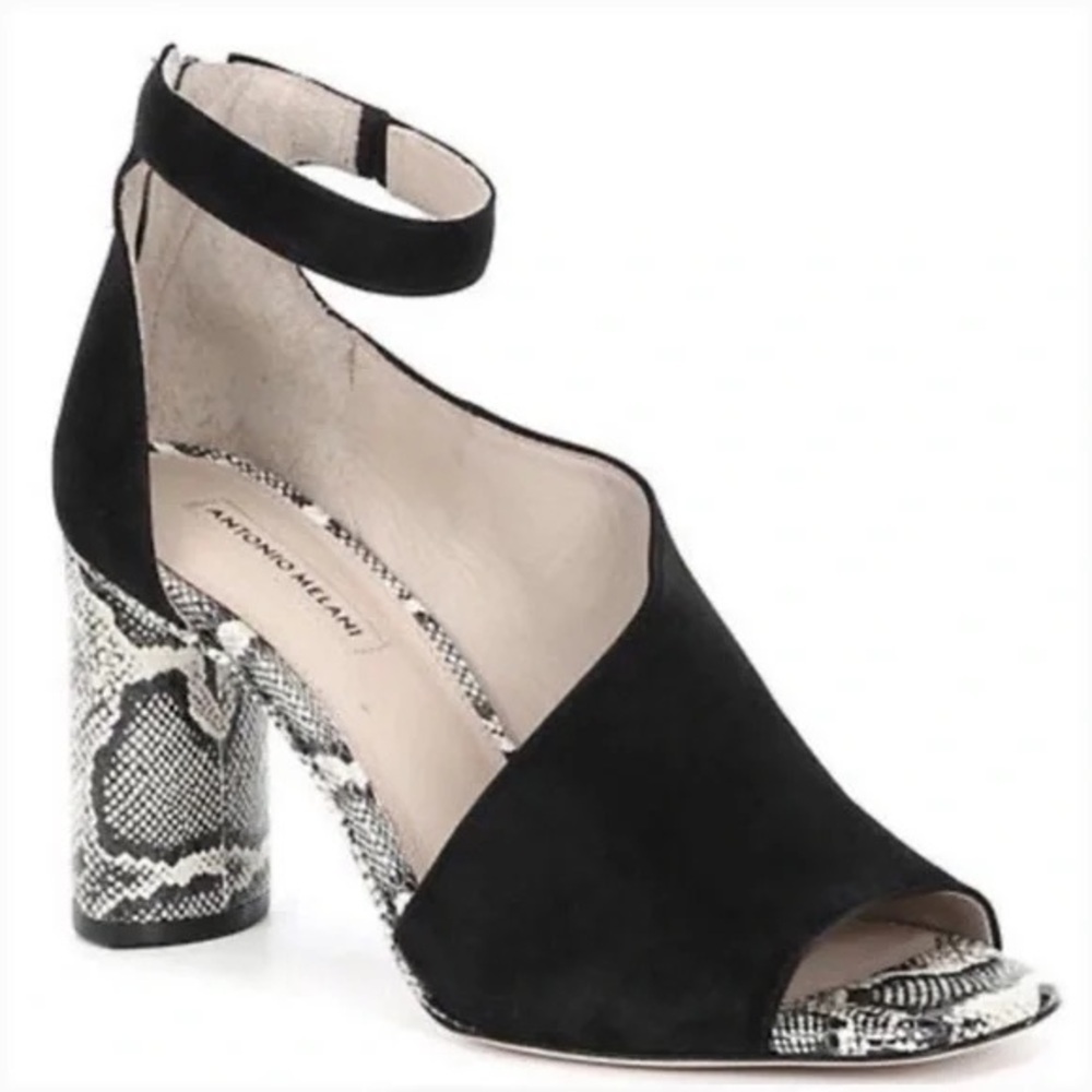 ANTONIO MELANI | Ehren Black Suede Snakeprint Block Heeled Sandals | Size 8.5